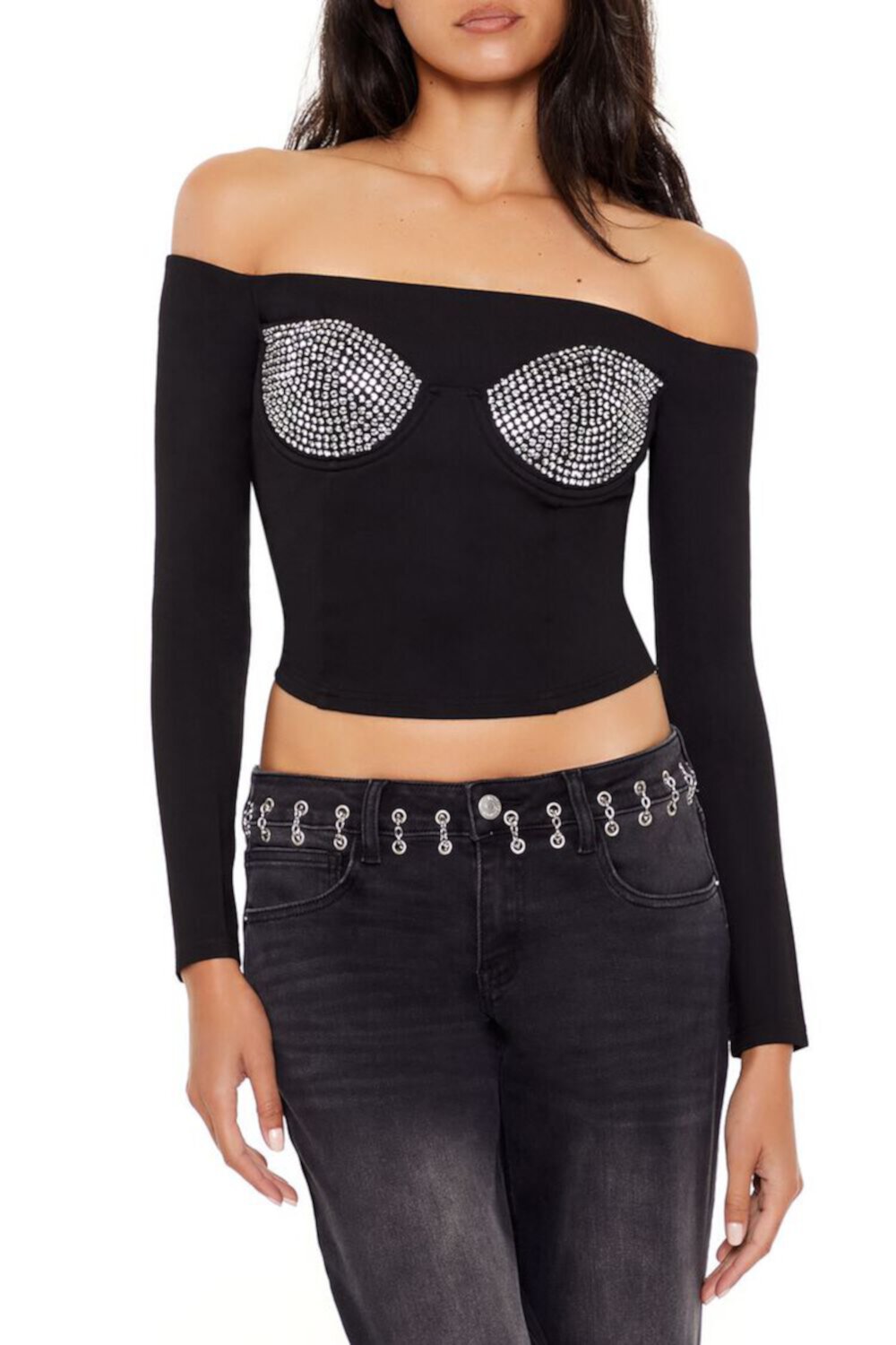 Женская Укороченная Футболка FOREVER21 Rhinestone Off-The-Shoulder FOREVER21