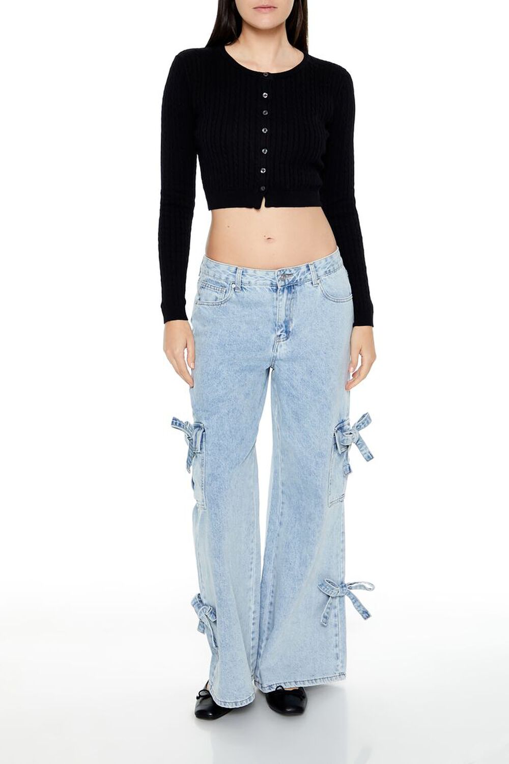 Bow Mid-Rise Cargo Jeans FOREVER21