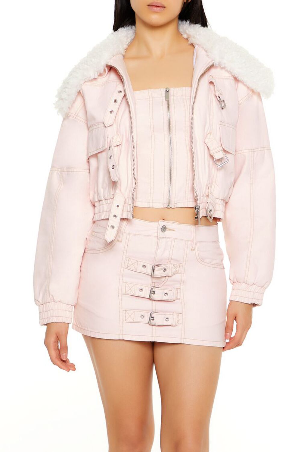 Женский Бомбер FOREVER21 Strappy Faux Fur-Trim Denim FOREVER21