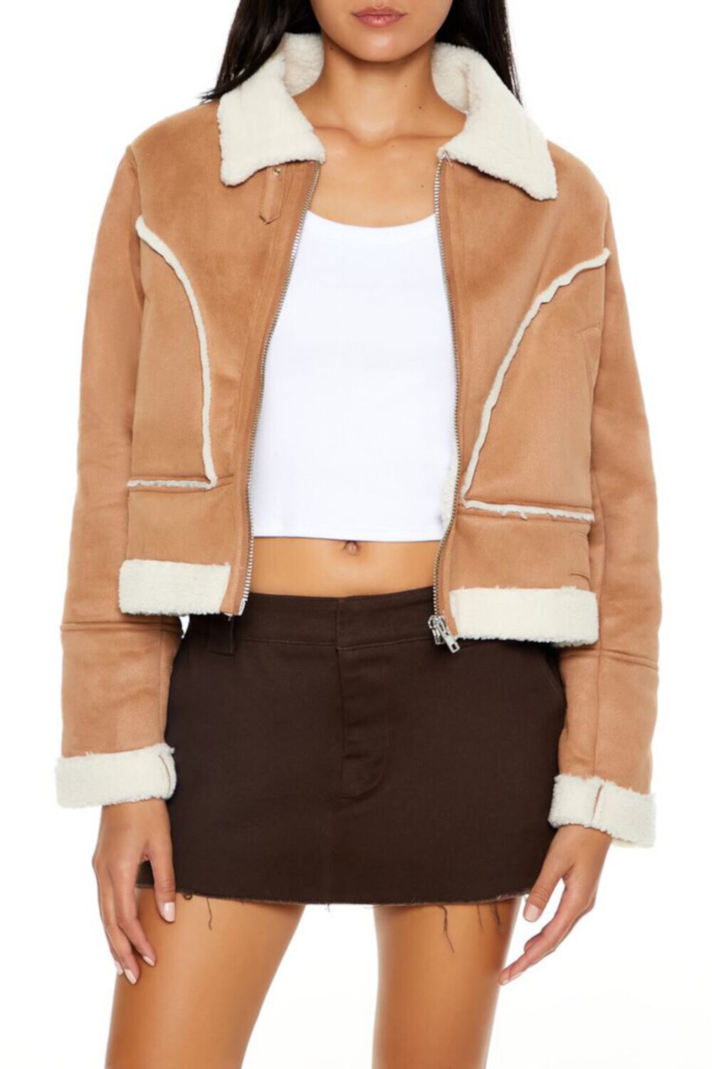 Женская Кожаная куртка и косуха FOREVER21 Faux Suede & Shearling Moto Jacket FOREVER21