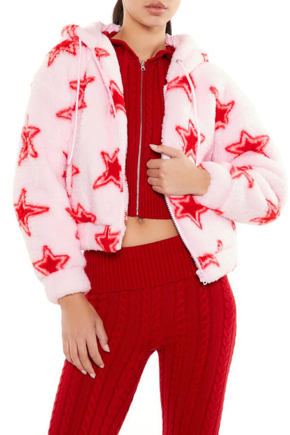 Faux Shearling Star Print Hoodie FOREVER21