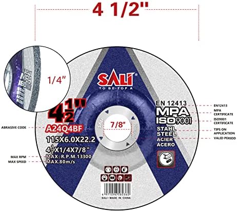 SALI 5 Pack 4-1/2 Inch Grinding Wheels for General Purpose Metal & Stainless Steel, Aluminum Oxide Grinding Disc for Angle Grinder, Depressed Center 4.5" * 1/4" * 7/8"(115 * 6.0 * 22.2 mm) Sali