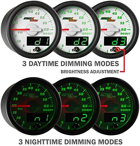 MaxTow Double Vision 10,000 RPM Tachometer Gauge - for 1-10 Cylinder Gas Powered Engines - White Gauge Face - Green LED Illuminated Dial - Analog & Digital Readouts - 2-1/16" 52mm MaxTow