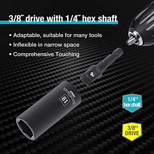 DURATECH 10-Piece 3/8" Drive 6 Point Deep Impact Socket Set, Including 8PCS Deep Impact Sockets in SAE Sizes (5/16", 3/8", 7/16", 1/2", 9/16", 5/8", 11/16", 3/4") & 2PCS 1/4" Hexagon Extension Bars Duratech