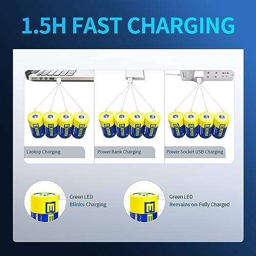 Перезаряжаемые аккумуляторы D 1.5В, 5550 мВт·ч, USB Type C, для больших фонарей - 4 шт. Eemb