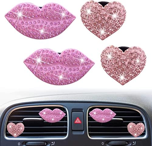 Bling Heart&Lip Air Vent Clips, Pink Heart&Lip Car Air Fresheners Vent Clips Car Diffuser Vent Clip Rhinestone Car Decoration Car Interior Decor Cute Car Accessories for Women + Sunflower Mask Hook Xinjincang