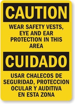 SmartSign S-9778-PL-14 "Caution: Wear Safety Vests, Eye/Ear Protection" Plastic Sign, Bilingual, 14" x 10", White on Blue SmartSign