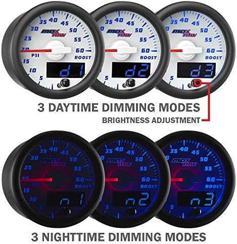 MaxTow Double Vision 10,000 RPM Tachometer Gauge - for 1-10 Cylinder Gas Powered Engines - White Gauge Face - Blue LED Illuminated Dial - Analog & Digital Readouts - 2-1/16" 52mm MaxTow