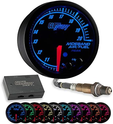 GlowShift Elite 10 Color Wideband Air/Fuel Ratio AFR Gauge Kit - Includes Oxygen Sensor, Data Logging Output & Weld-in Bung - Black Dial - Tinted Lens - Peak Recall - 2-1/16" 52mm GlowShift