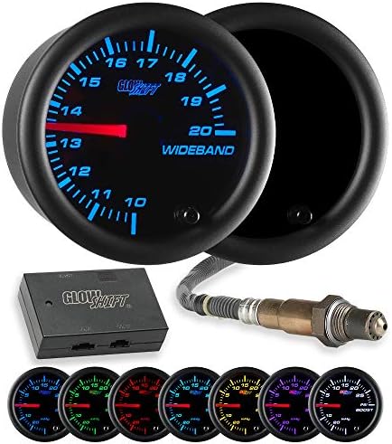 GlowShift Tinted 7 Color Analog Needle Wideband Air/Fuel Ratio AFR Gauge - Includes Oxygen Sensor, Data Logging Output & Weld-in Bung - Black Dial - Smoked Lens - 2-1/16" 52mm GlowShift