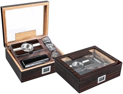 Prestige Import Group Kensington Glass Top Cigar Humidor Gift Set in Ebony Cherry Wood Finish - Includes: Ashtray, Humidifier, Guillotine Cutter, Cigar Case & External Digital Hygrometer Prestige Import Group