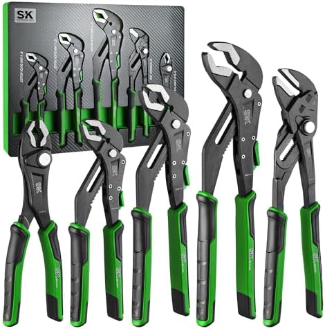 SK 5-Piece Pliers Set, 8" Adjustable Joint Pliers, 8", 10” and 12” Quick Adjust V-Jaw Groove Joint Pliers, 10" Pliers Wrench, Premium CR-V Construction, with EVA Foam Tool Organizer Sk