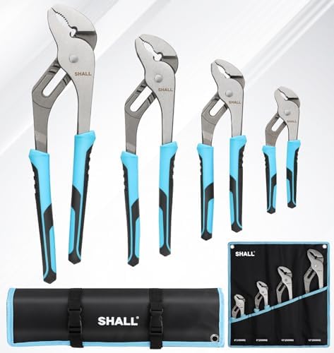 SHALL 3-Piece Groove Joint Pliers Set (12, 9-1/2, 7 Inch), Push-Lock Water Pump Pliers In Cr-v Steel, Fast Adjustable Tongue and Groove Pliers with Tool Roll Bag for Home Repair & Plumbing Shall