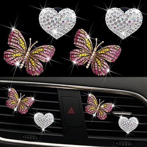 Bling Heart Butterfly Air Vent Clips, 4 Pcs Butterfly Car Air Fresheners Vent Clips Car Diffuser Vent Clip Rhinestone Car Decoration Cute Car Interior Decor Bling Car Accessories for Women (Pink) Xinjincang