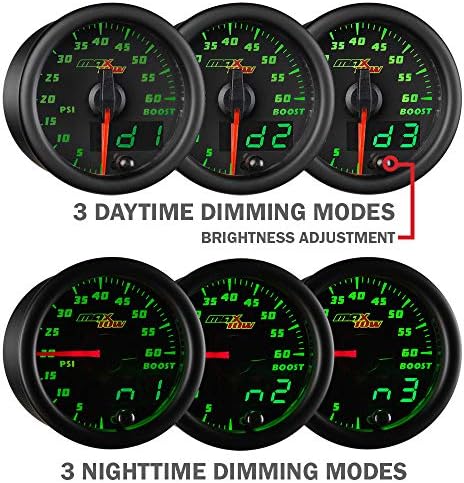 MaxTow Double Vision 10,000 RPM Tachometer Gauge - for 1-10 Cylinder Gas Powered Engines - Black Gauge Face - Green LED Illuminated Dial - Analog & Digital Readouts - 2-1/16" 52mm MaxTow