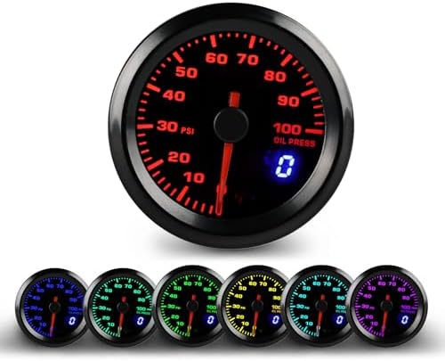 WATERWICH Oil Pressure Gauge Meter Kit 7 Color 0-100 PSI 2-1/16" 52mm for Boat Marine Car Auto Truck Waterwich