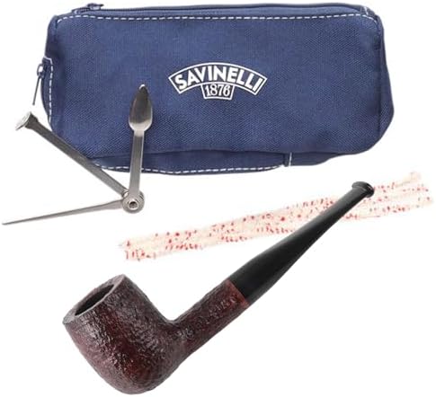 Savinelli One Kit - Briar Pipe Set: Wood Pipe Tools, Zipper Pouch, Briar Pipe, Pipe Cleaners, Czech Pipe Tool, Bent Billiard Briar Pipe, Made in Italy, Rusticated Finish, 106 Savinelli