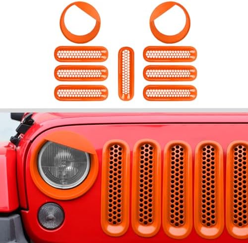 JWWY Front Grille Insert Radiator Grille Grillwork Surround Assembly Inserts Headlight Headlamp Cover Trim Set Fit for 2007-2017 Jeep Wrangler JK JKU Exterior Accessories 9pcs Black Jwwy