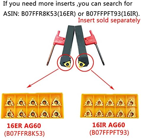 Инструментальный держатель для токарного станка 3/4" SER2020K16 и SEL2020K16 с набором из 2 индексируемых карбидных вставок 16ER/IR AG60 Aszlbym