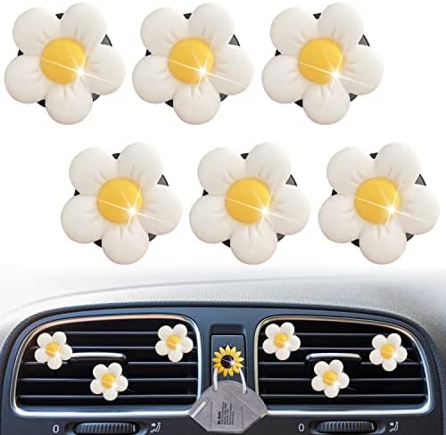 Cute Daisy Air Vent Clips, 6 Pcs Flower Car Air Fresheners Vent Clips Car Diffuser Vent Clip Charm Car Decoration for Women Cute Car Interior Decor Car Accessories + Sunflower Mask Hook (White) Xinjincang