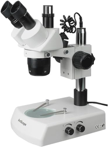 AmScope SW-2T24Z Trinocular Stereo Microscope, WH10x Eyepieces, 20X/40X/80X Magnification, 2X/4X Objective, Upper and Lower Halogen Lighting, Pillar Stand, 110V-120V, Includes 2.0x Barlow Lens AmScope