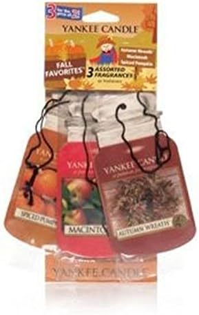 Yankee Candle FALL FAVORITES Paper Car Jar Air Fresheners ; Autumn Wreath, Macintosh, and Spiced Pumpkin. - Set of THREE Car Jars Yankee Candle