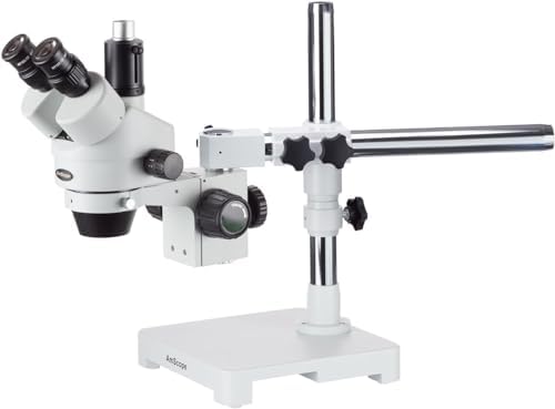 AmScope SM-3TX Professional Trinocular Stereo Zoom Microscope, WH10x Eyepieces, 3.5X-45X Magnification, 0.7X-4.5X Zoom Objective, Ambient Lighting, Single-Arm Boom Stand, Includes 0.5X Barlow Lens AmScope