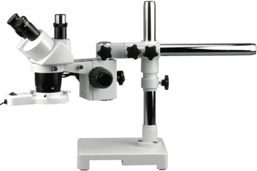 AmScope SW-3T24Z-FRL Trinocular Stereo Microscope, WH10x Eyepieces, 20X/40X/80X Magnification, 2X/4X Objective, Single-Arm Boom Stand, 8W Fluorescent Ring Light, 110V-120V, Includes 2.0x Barlow Lens AmScope