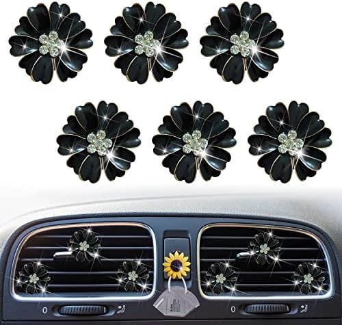 Black Daisy Air Vent Clips, 7 Pcs Flower Car Air Fresheners Vent Clips Car Diffuser Diamond Car Decoration Car Interior Decor Cute Car Accessories for Women Girls + Mask Hook Xinjincang