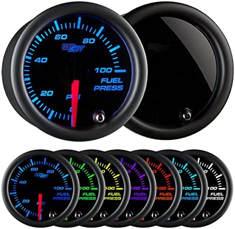 GlowShift Tinted 7 Color 100 PSI Fuel Pressure Gauge Kit - Includes Electronic Sensor - Black Dial - Smoked Lens - for Car & Truck - 2-1/16" 52mm GlowShift