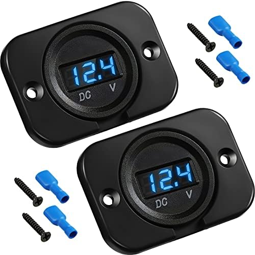 BBTO 2 Pcs DC 12V 24V Waterproof Car Voltmeter with LED Digital Display Panel and Mounting Plate Round Voltage Gauge Meter with Terminal for Boat Marine Vehicle Motorcycle Truck ATV UTV (Blue Light) Bbto