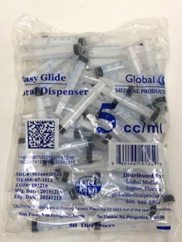 Easy Glide 5ml 5cc Oral Syringe, Caps Included, 100 Count Easy Glide