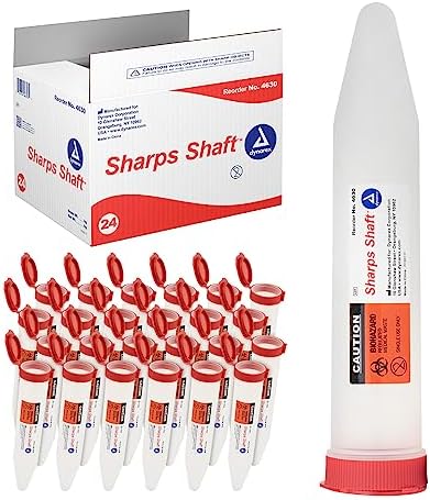 Dynarex Transportable Sharps Container - Small Sharps Shafts - Secure Snap-On Leakproof Caps - 6.37x1.47x3.46” Needle Disposal Containers - Case of 24 Dynarex