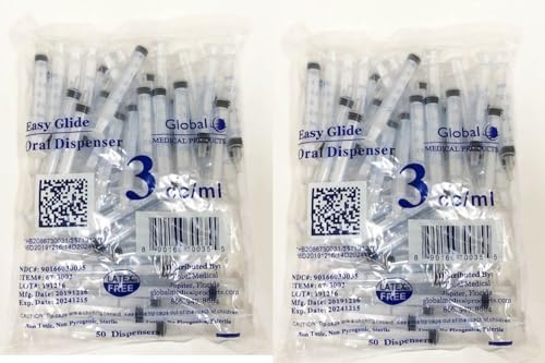 Easy Glide 3ml 3cc Oral Syringe Caps Included, 100 Count Easy Glide