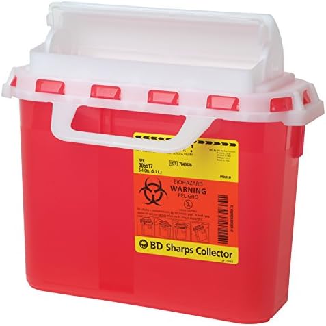 BD Medical Systems 305426 Sharps Collector with Counterbalanced Door, Horizontal, 5.4 Quart Capacity, 10.75" Height x 12" Width x 4.5" Depth, Red (Pack of 12) BD