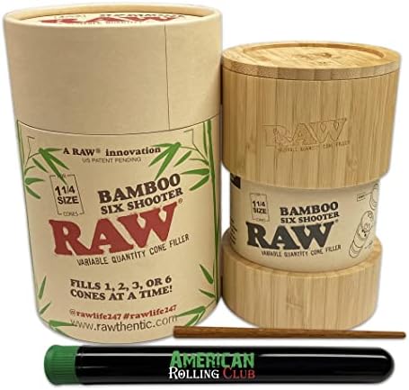 RAW Bamboo Six Shooter | 1 1/4 Size | Loader/Filler for PreRolled Cigarette Paper Cones, Includes SIX ARC Cigarette Savers Roll With Us Depot