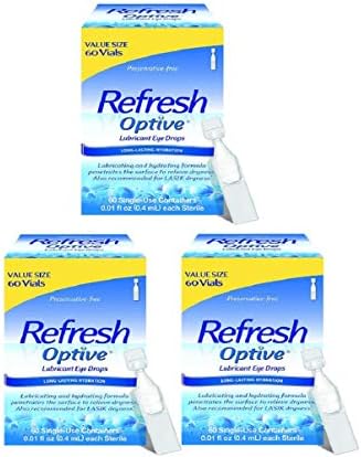 Refresh Optive Lubricant Drops (Капли) for Sensitive Eyes, 60 Vials, Preservative-free - Great Value Size (Pack of 3)- (180 Vials) Refresh