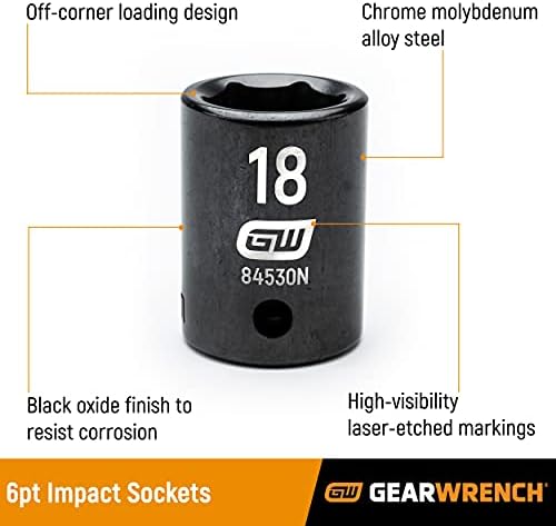 GEARWRENCH 18 Piece 1/2" Drive Deep Metric Impact Socket Set - 89096 Gearwrench