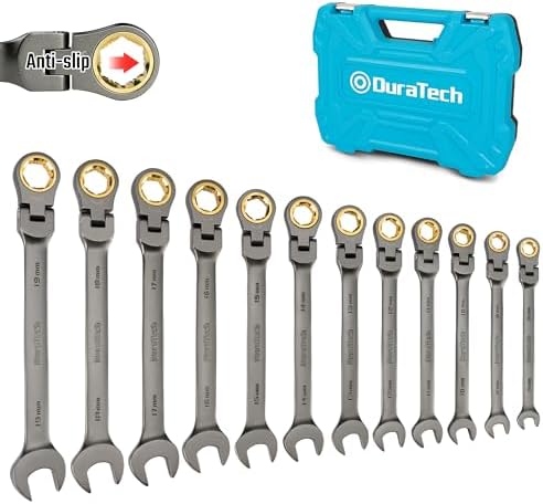 DURATECH Anti-Slip Flex-Head Ratcheting Wrench Set, Combination Wrench Set, 12-Piece, 72-Tooth, Metric, 8-19 mm, CR-V Steel, Organized in Storage Case Duratech