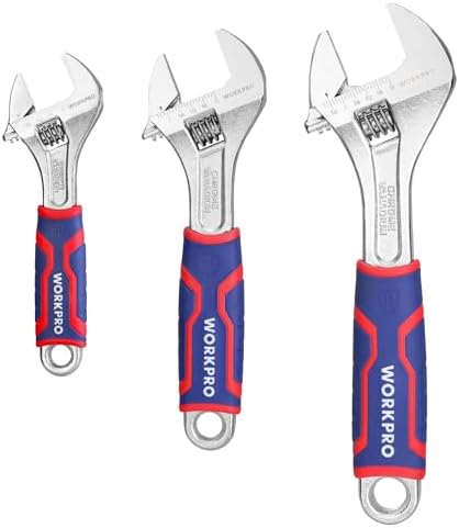 WORKPRO 3-piece Adjustable Wrench Set, Cr-V Wide Jaw Wrench With Rubber Anti-Slip Grip, 6-inch, 8-inch, 10-inch with Metric/SAE Scales, Chrome Plated Workpro