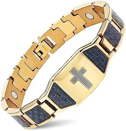 MagVIVACE Magnetic Bracelet for Men for Arthritis and Joint, Christian Religious Cross Carbon Fiber Stainless Steel Bracelet (A) MagVIVACE