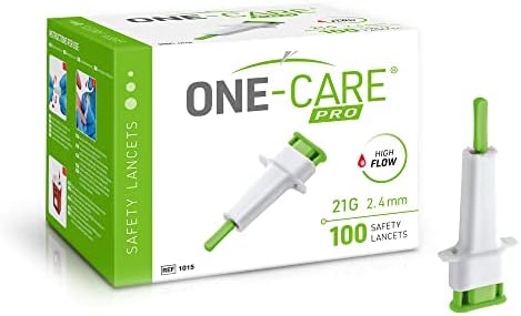 MediVena ONE-CARE PRO Safety Lancets, Top Push Button Activated, 21G x 2.4mm, 100/bx, Sterile, Convenient Sampling ONE-CARE