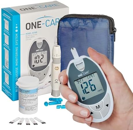 ONE-CARE™ Blood Sugar Testing Kit: Glucose Monitoring System with Meter, 10 Test Strips, Lancing Device, 10 Lancets, and Carrying Case -Complete Self-Testing Kit with Glucometer, Strips, and Lancets ONE-CARE