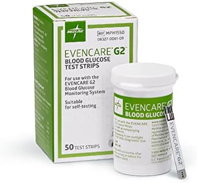 Medline EvenCare G2 Blood Glucose Test Strips, Self-testing with G2 Monitoring System, 6 Second Results, 50 Count (Pack of 12) Medline