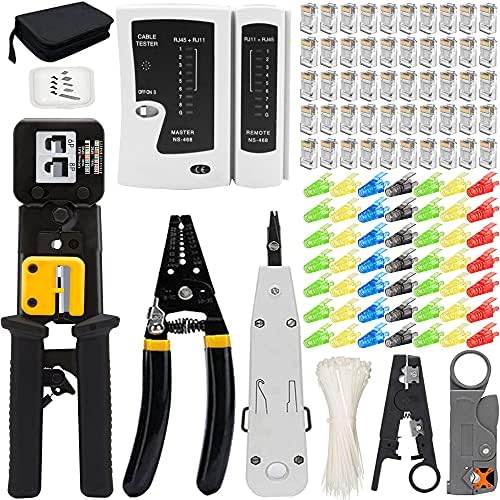 LEATBUY Network Crimp Tool Kit for RJ45/RJ11/RJ12/CAT5/CAT6/Cat5e/8P, Professional Crimper Connector Stripper Cutter, Computer Maintenance Lan Cable Pliers Tester Repair Set (Black) Leatbuy-Tech