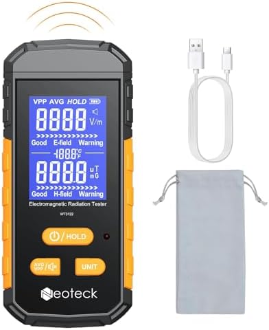 Neoteck 3-in-1 EMF Meter Rechargeable Electromagnetic Radiation Detector for EF MF and Temperature LCD Backlit Audible Alarm 1~1999V/m Electric Field 0.01~99.99ut Magnetic Field(RF Not Included) Neoteck