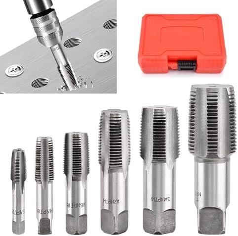 6pcs NPT Pipe Tap Set with Case, Carbon Steel NPT Tap Set for Clean Accurate Threads, 1'',3/4'',1/2'',3/8'',1/4'',1/8'' NPT Tap for Plumbers Mechanics DIY Thread Cutting Tool Kakalote