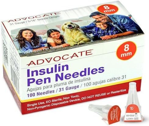 Diabetic Pen Needles 31g 8mm Extra Lubricated, Tri-Bevel Insulin Needles, Universally Compatible with Insulin Pens for Diabetes Care - Diabetic Needles for Injections, Box of 100 Insulin Pen Needles Advocate