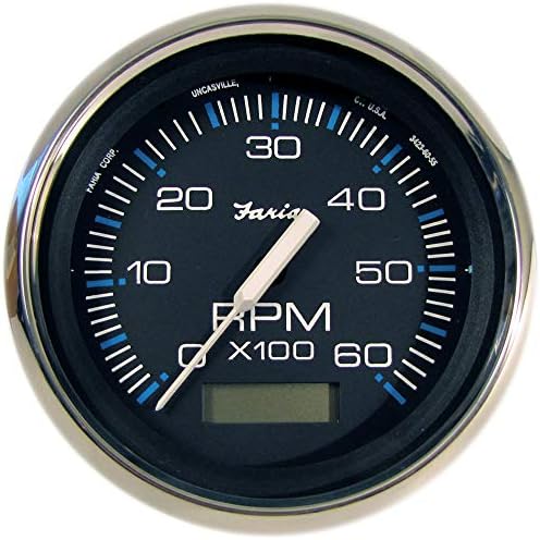 Faria Beede 33732 Chesapeake Stainless Steel Tachometer with Hourmeter (6000 RPM) - 4', Black Faria