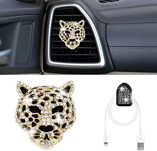 Bling Leopard Air Vent Clips, Crystal Leopard Car Air Fresheners Vent Clips Car Diffuser Vent Clip Rhinestone Leopard Car Decoration Car Interior Decor Bling Car Accessories for Women (Golden) Xinjincang